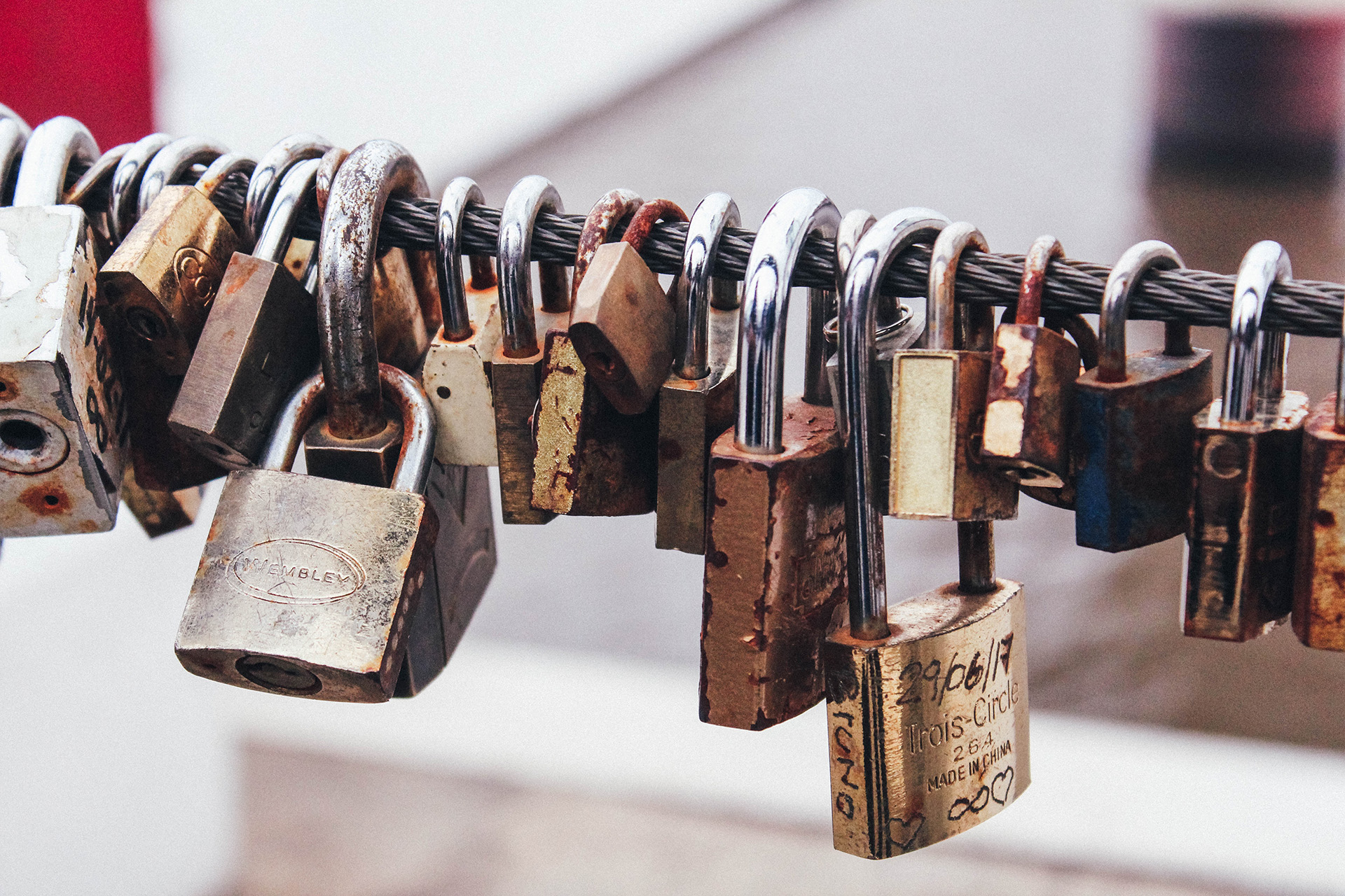 An image showing lots of padlocks on a metal bridge