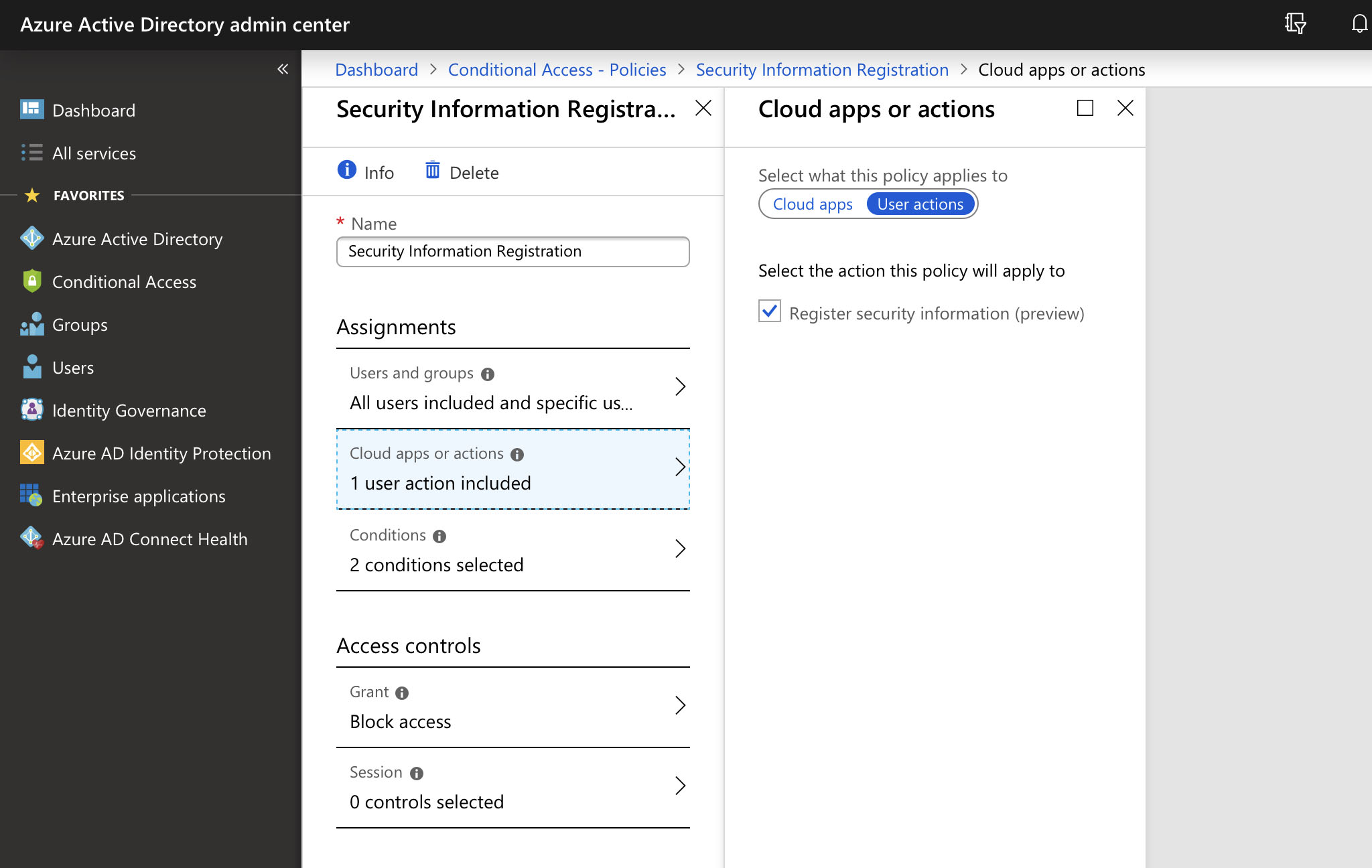 A screenshot showing the option to apply Conditional Access to the Security Registration experience