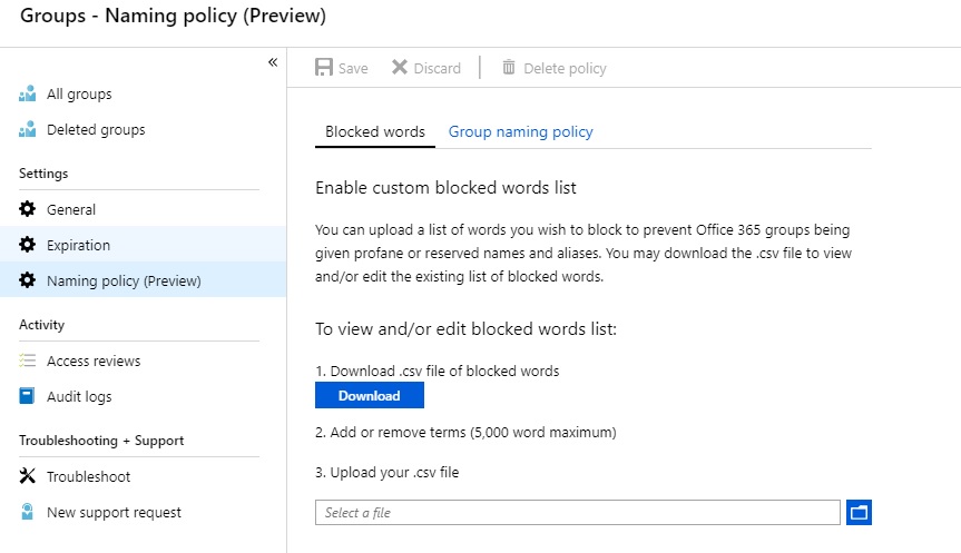 A screenshot showing the blocked words interface in the Naming Policy interface