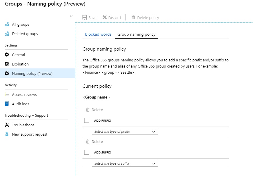 A screenshot showing the Group Naming policy interface in the Naming Policy interface