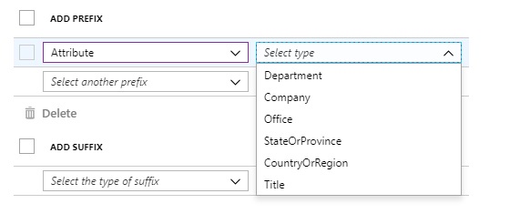 A screenshot showing the available prefix and suffix selection options