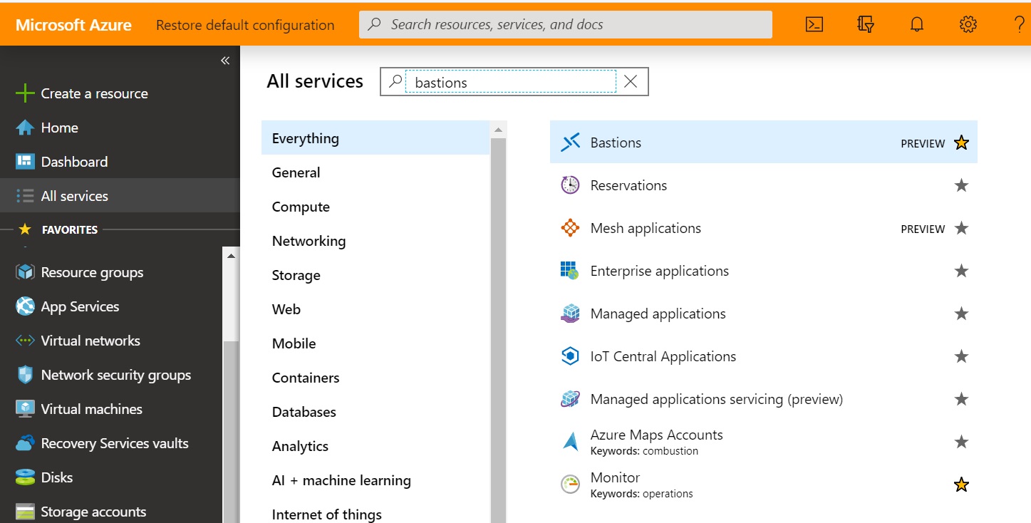 A screenshot showing the Bastion Service option within the Azure Portal