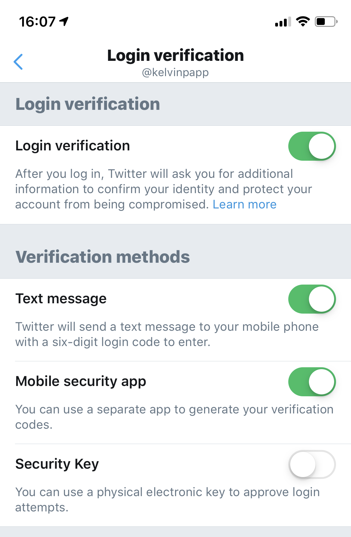 Login Verification Screen with SMS and Mobile Security App enabled