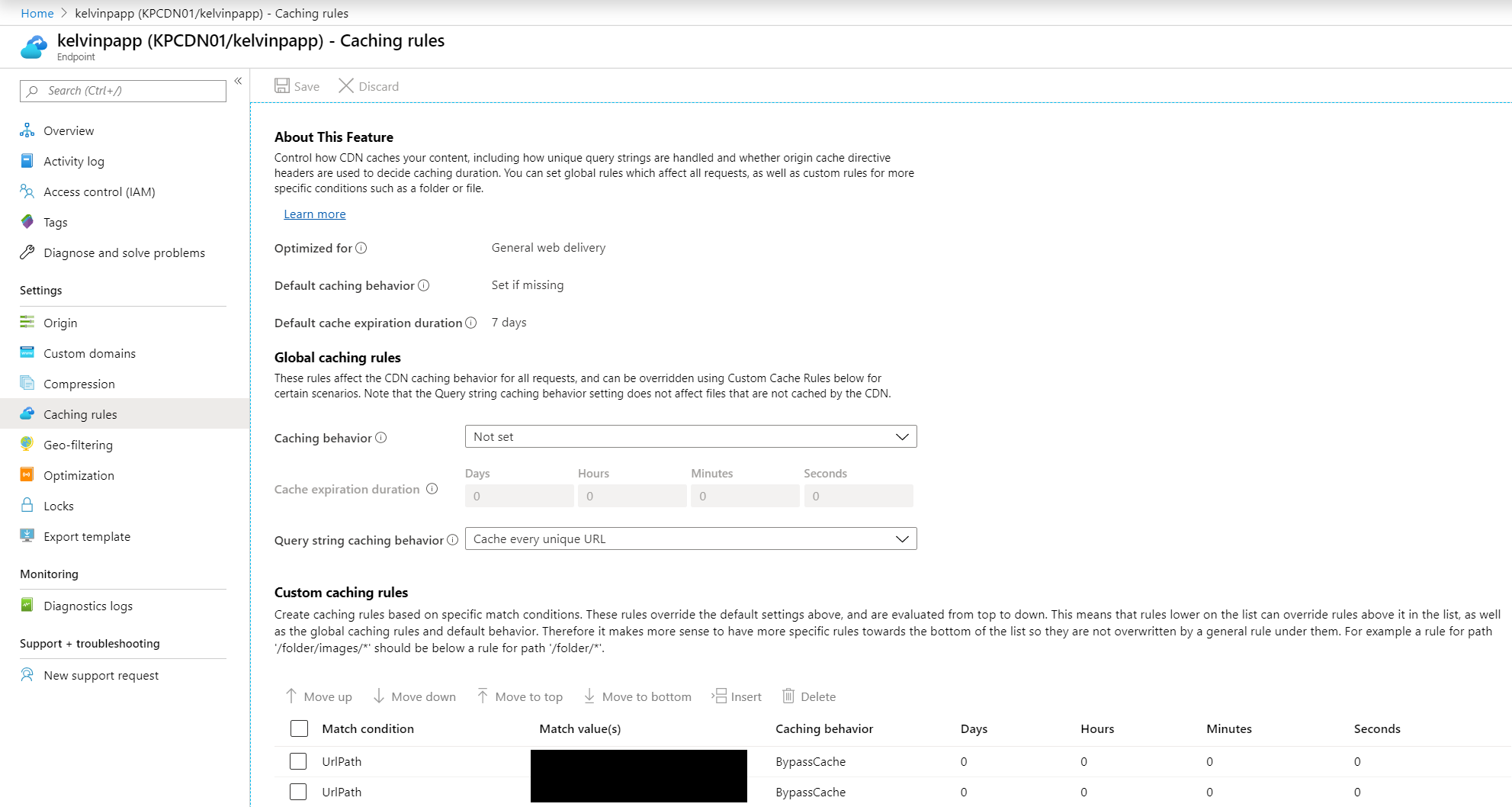 The CDN Caching Rules configuration screen