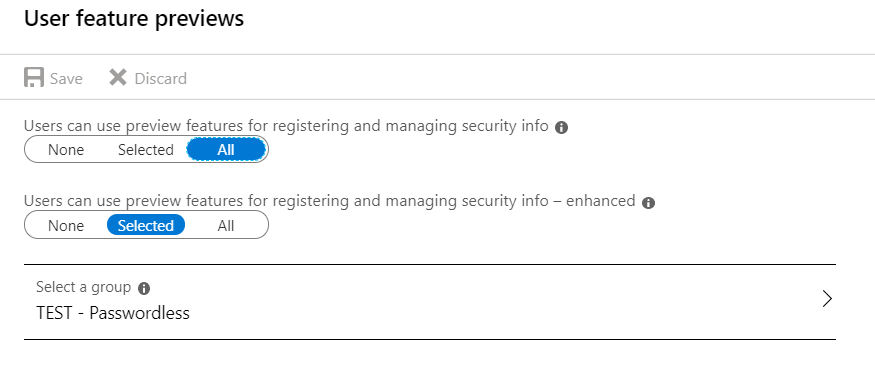 A screenshot from the Azure AD portal depicting the enabling of the combined MFA / SSPR experience