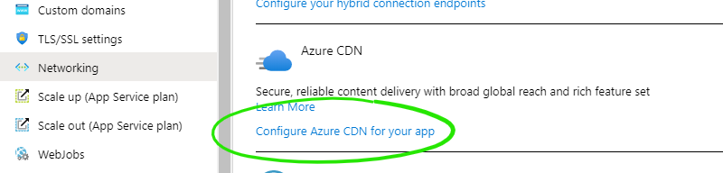 A screenshot of the setting for configuring Azure CDN, within the App Service settings