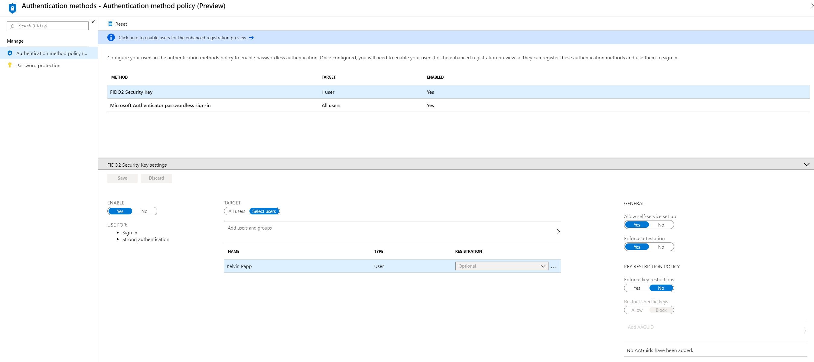 A creenshot from the Azure AD portal depicting the available passwordless sign-in options, and associated users