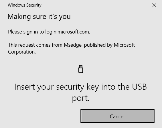 A prompt requesting that the user inserts their security key into the USB port