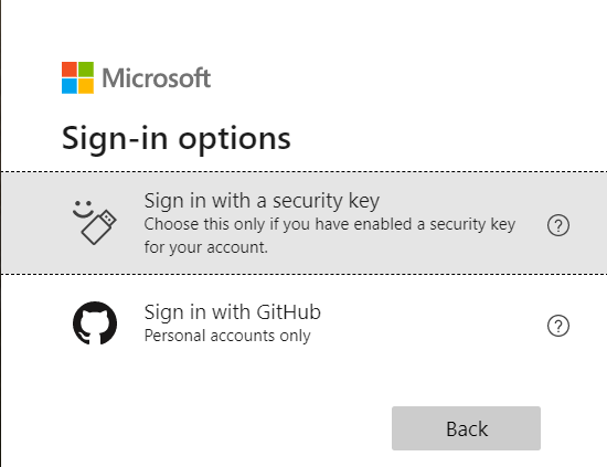 The sign-in options screen, with options for sign-in via Security Key, and sign-in via GitHub