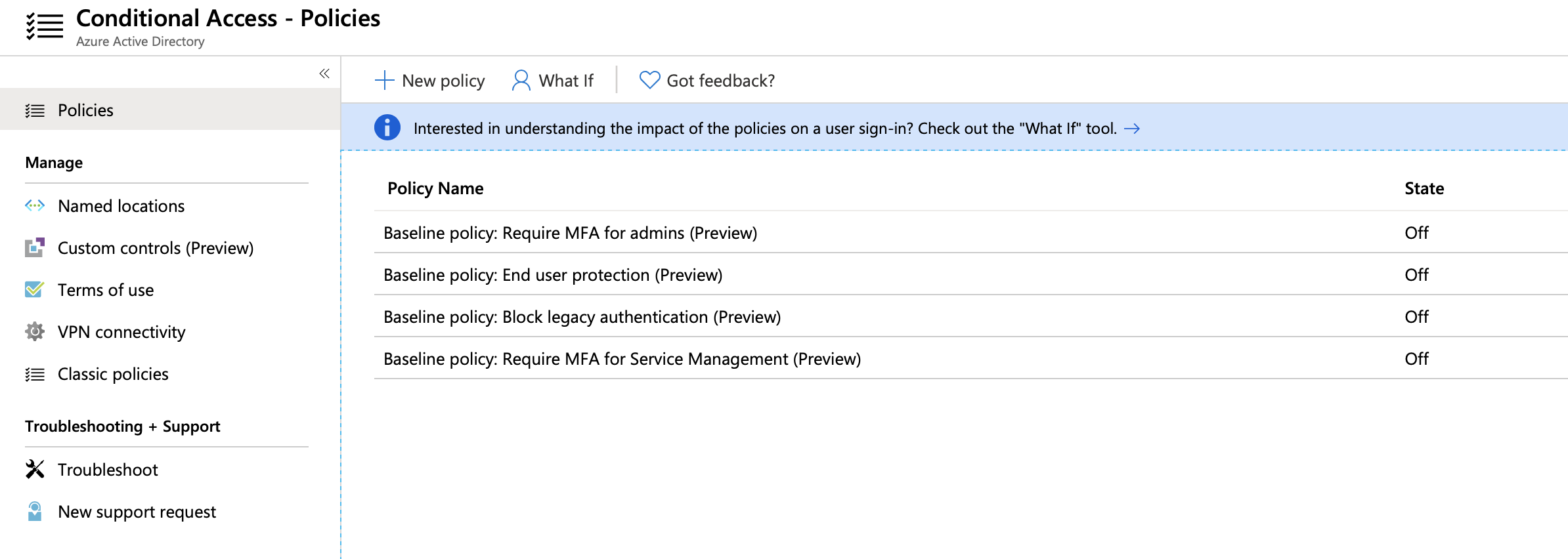 A screenshot showing the new baseline Conditional Access policies enabled