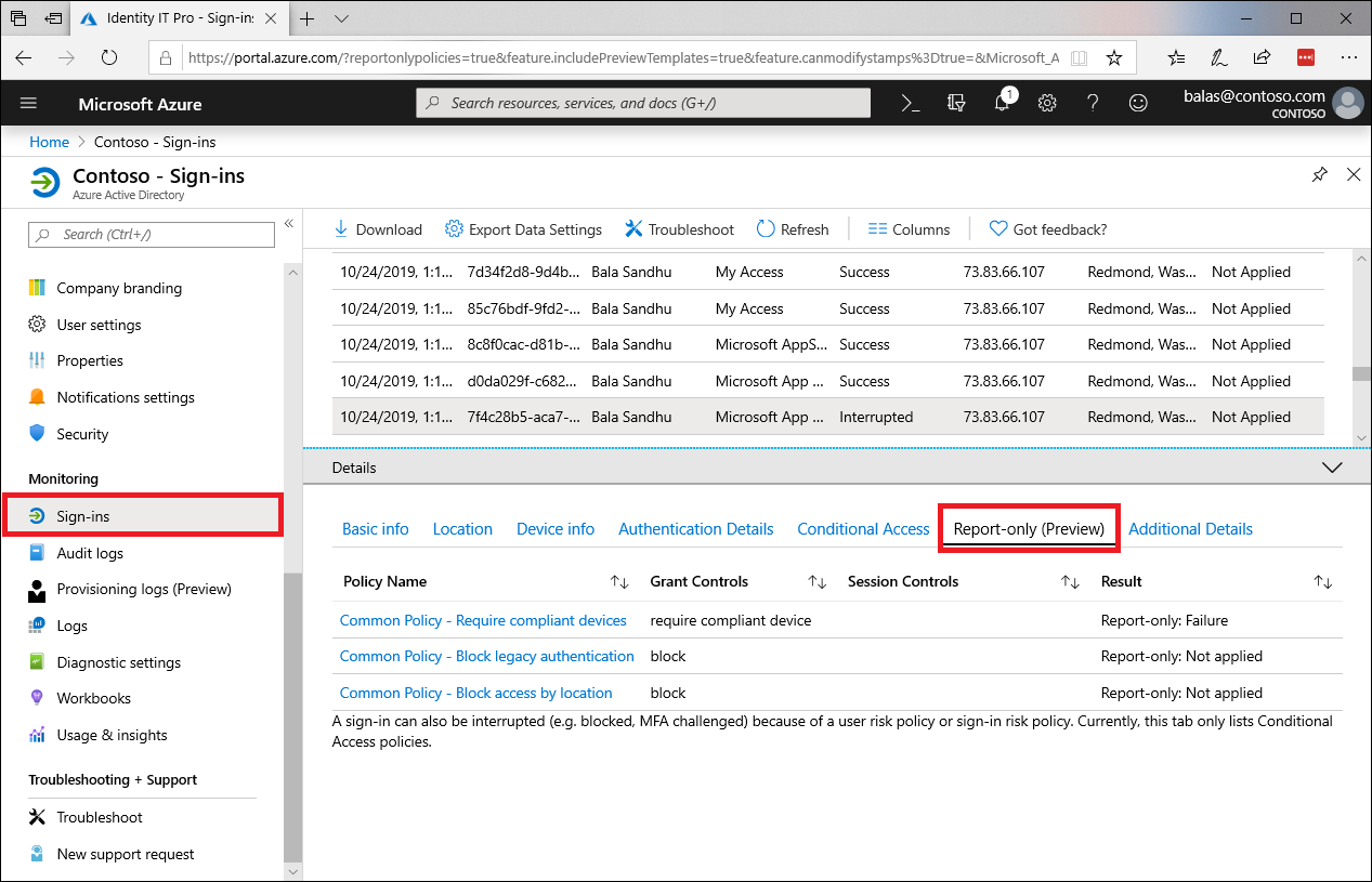 A screenshot showing the results of a Conditional Access policy configured in report-only mode.