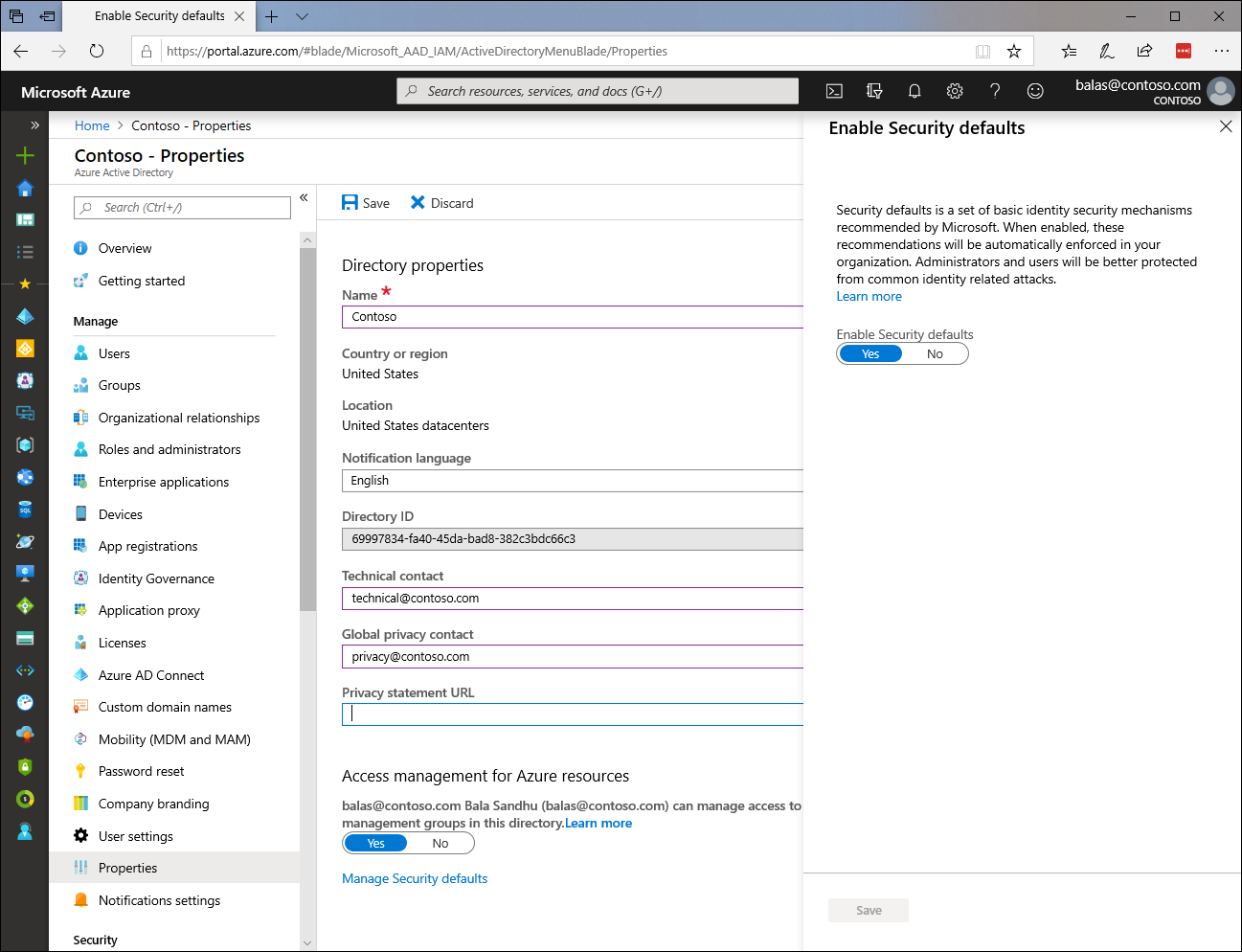 A screenshot showing the option to enable Security Defaults within the Azure AD portal.