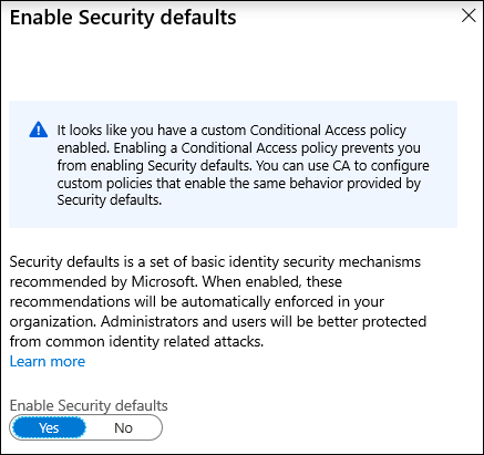 A screenshot depicting the error that results when trying to enable Security Defaults if Conditional Access is already in use.