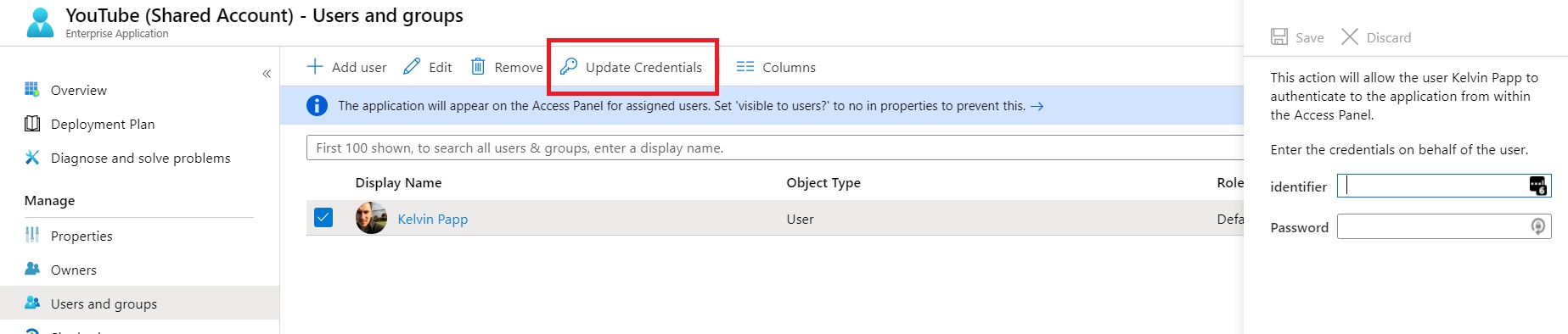 Setting the credentials that will be provided to YouTube when the user accesses the Azure AD application