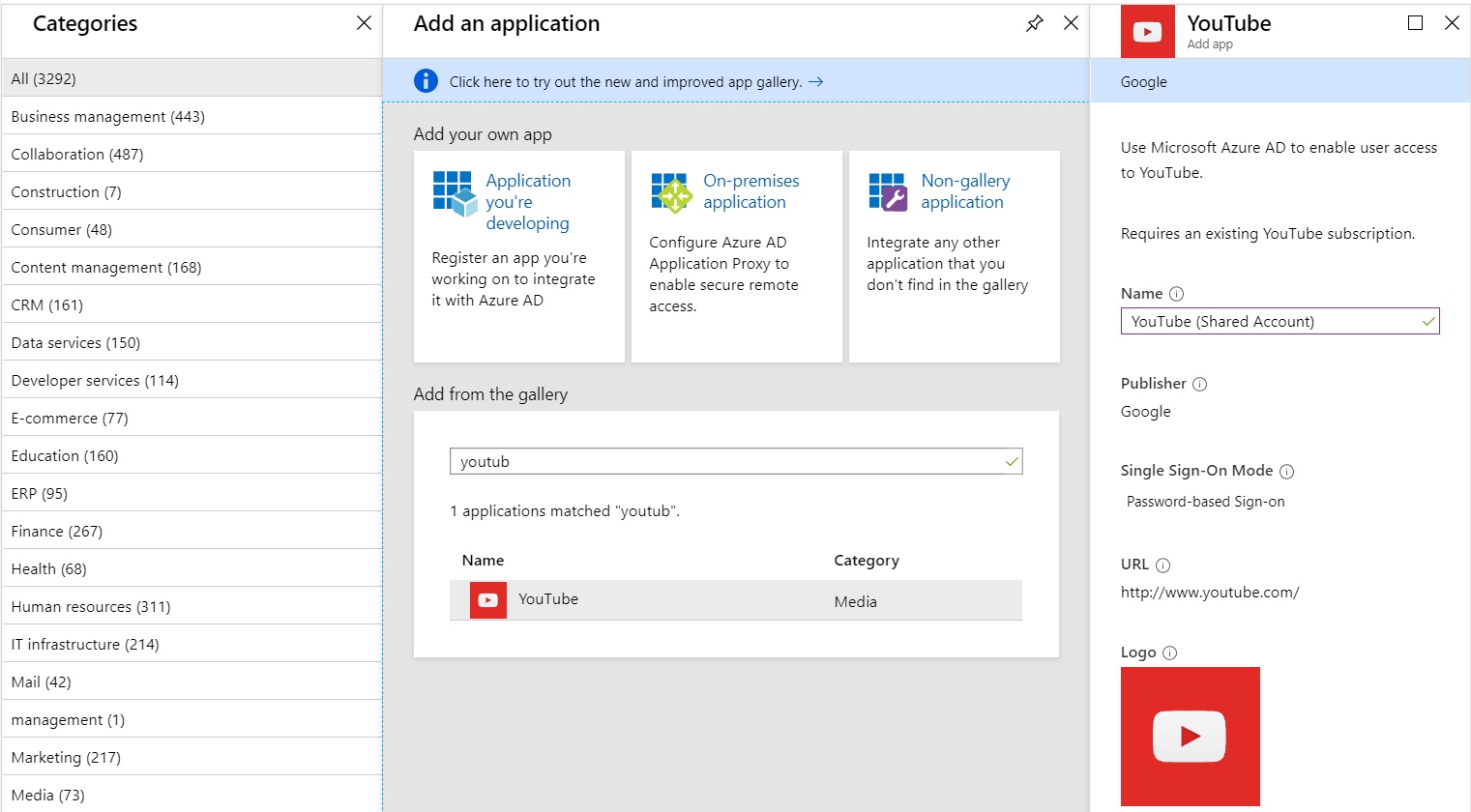 A screenshot of the YouTube app in the Azure AD App Gallery