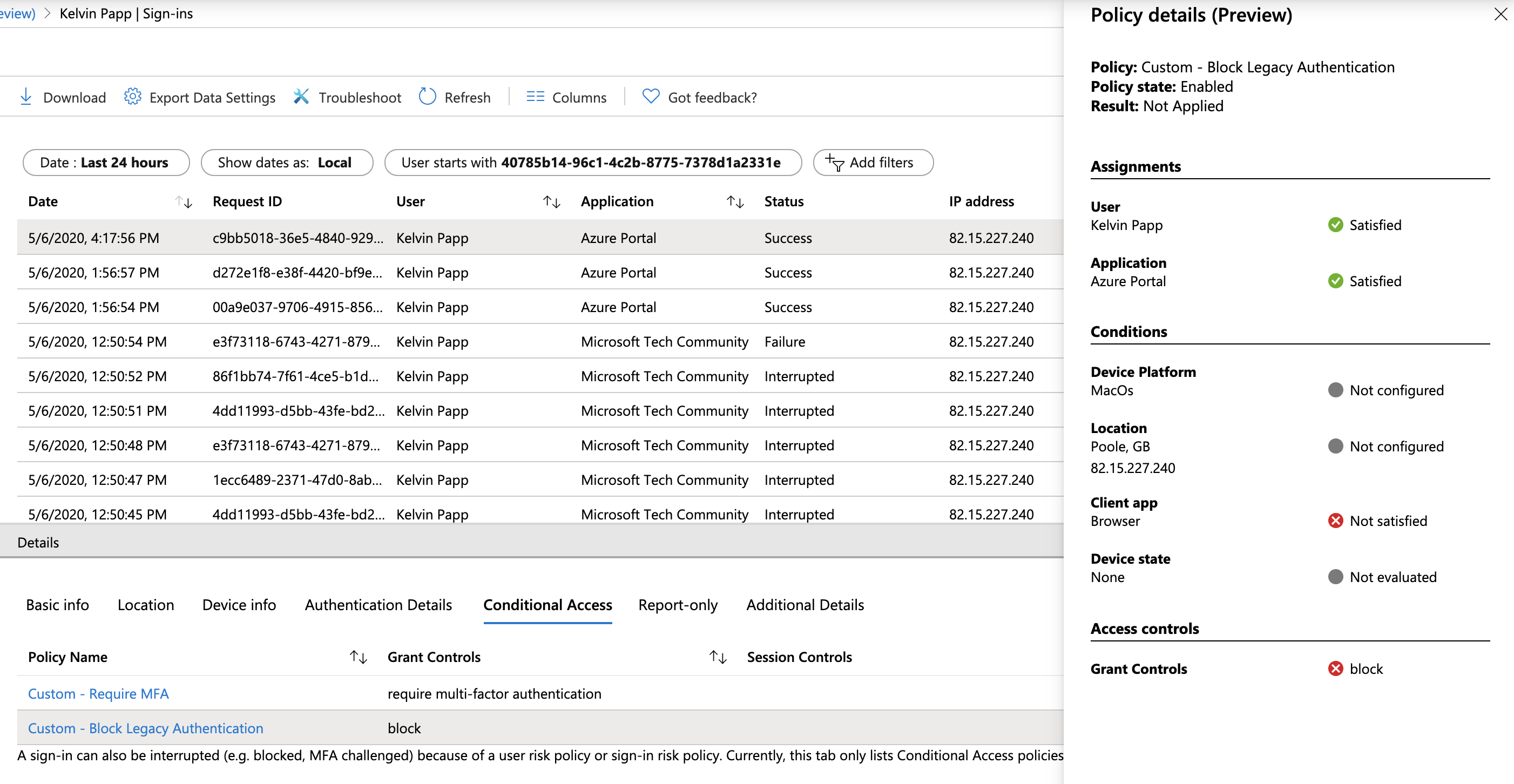 A screenshot that shows a logon attempt didn't satisfy the conditions within a Conditional Access policy.