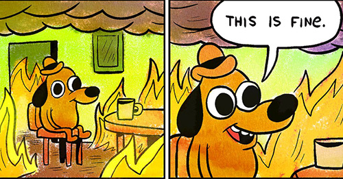 The 'this is fine' meme, showing a character in a fire-filled office that believes all is well