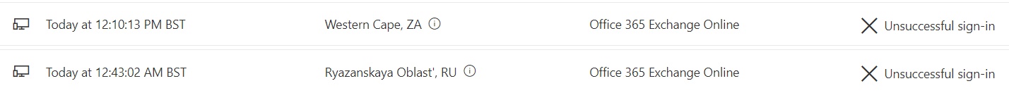 A screenshot showing failed sign-in attempts from different countries in the My Sign-Ins portal
