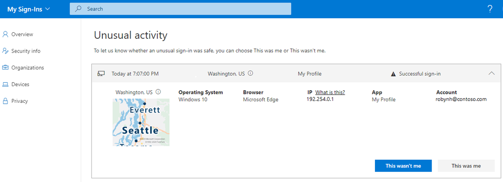 A screenshot showing an unusual sign-in attempt flagged within My Sign-Ins. This allows the user to confirm the sign in as legitimate, or take action to secure their account.