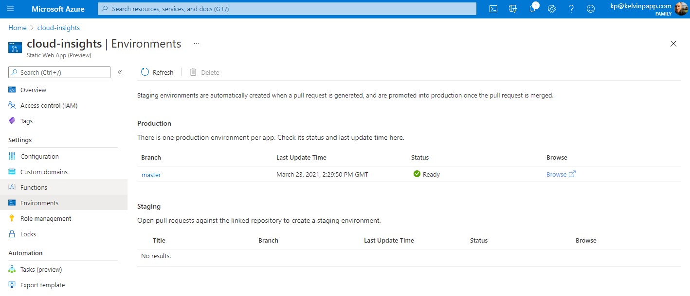 A view of the Environments section within an Azure Web App, showing the presence of a staging site aligned to GitHub repo pull requests